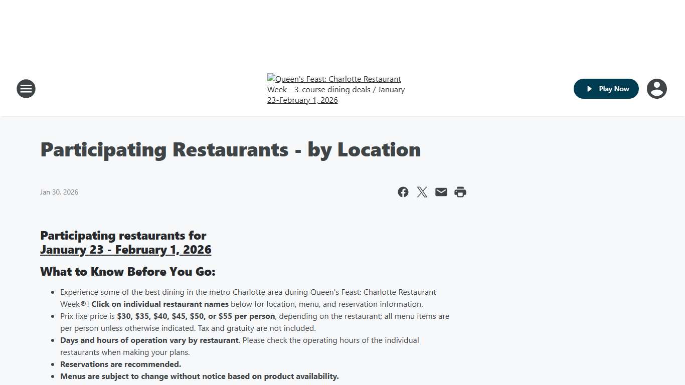 Participating Restaurants - by Location Queen's Feast: Charlotte Restaurant Week